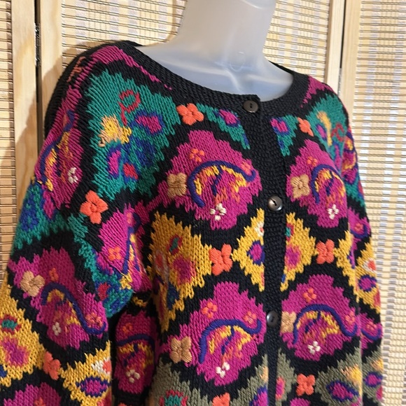 Ormond Shops Vintage Black Floral Embroidered Loose Knit Cardigan Sweater Small - Picture 2 of 15